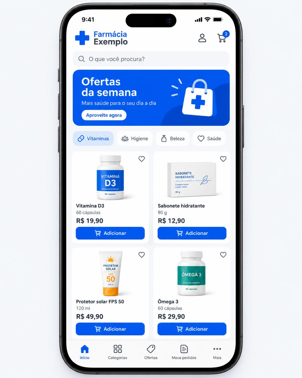 Loja online fictícia em um celular, com busca, ofertas e produtos
